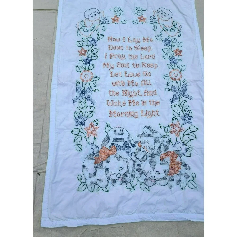 Handmade Baby Quilt Embroidered Prayer Angels Puppies Flowers Now I Lay 37